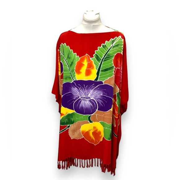 Club West Women’s Floral Boxy Kimono Poncho Beach Dress Coverup, Red, OS - Picture 1 of 11